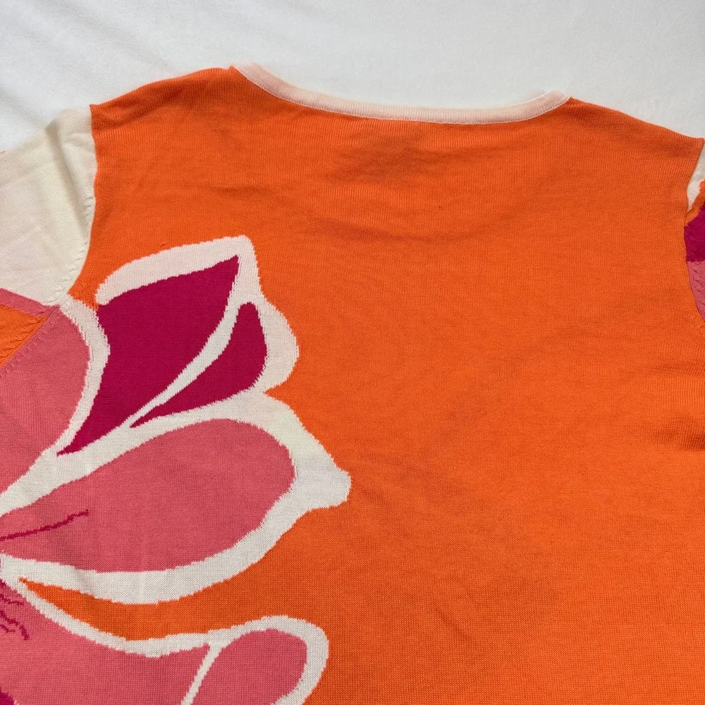 Chicos Orange Pink Floral‎ Intarsia Cotton Lyocell Knit Sweater Top Size 2